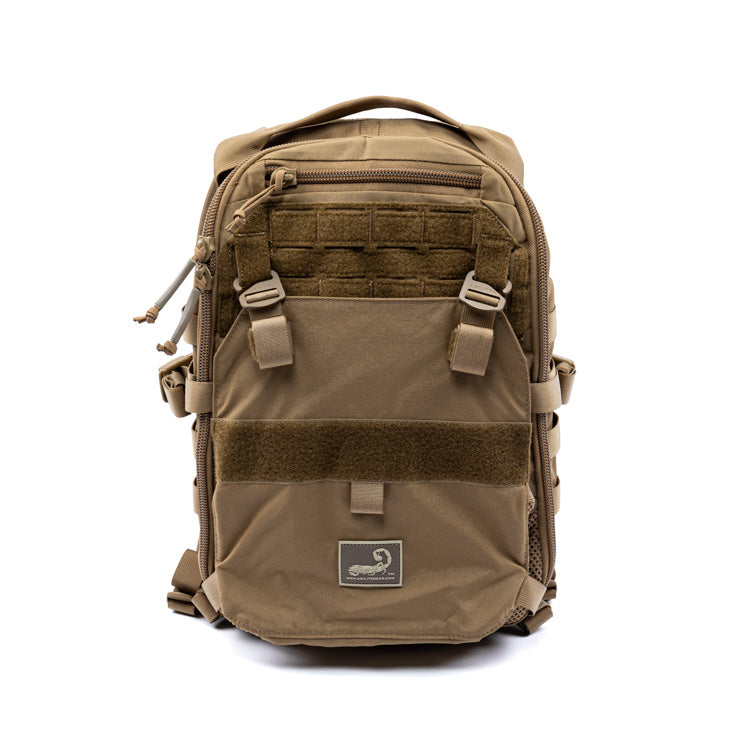 Tan assault pack with front MOLLE panel and zippered organizer pouch