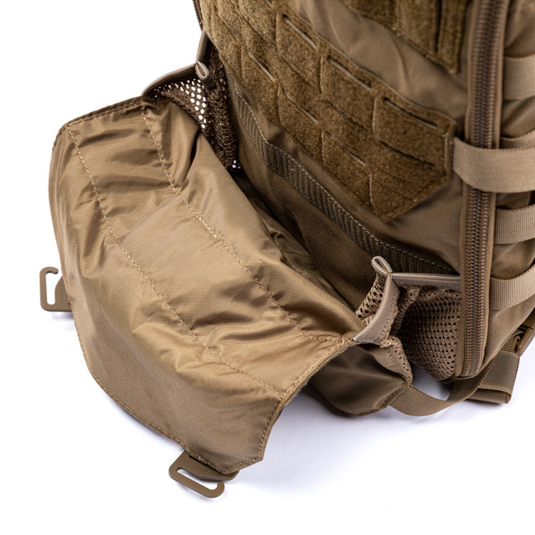 Tan assault pack side pouch with mesh panel and carry handle clips
