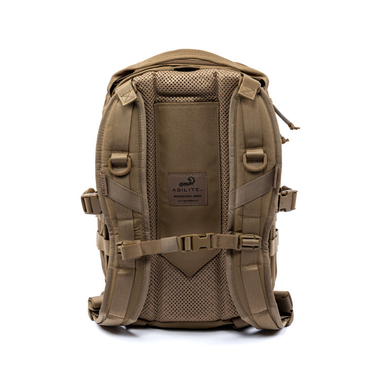 Tan 14L assault pack front view with MOLLE webbing and shoulder straps