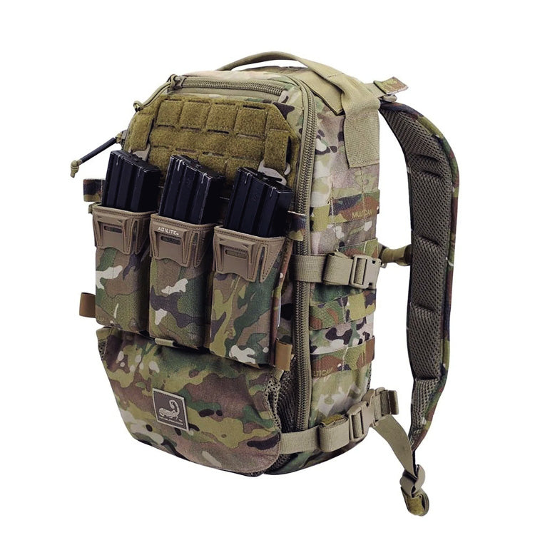 Multicam assault pack with side panel and elastic web magazine pouches