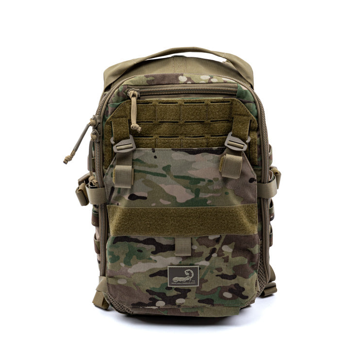 Coyote multicam assault pack with front MOLLE panel and zippered organizer pouch