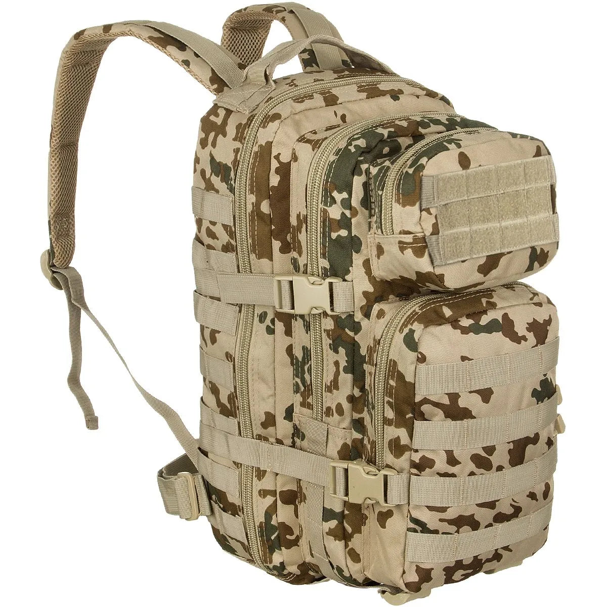 Desert camo tactical assault backpack with MOLLE front and zippered compartments