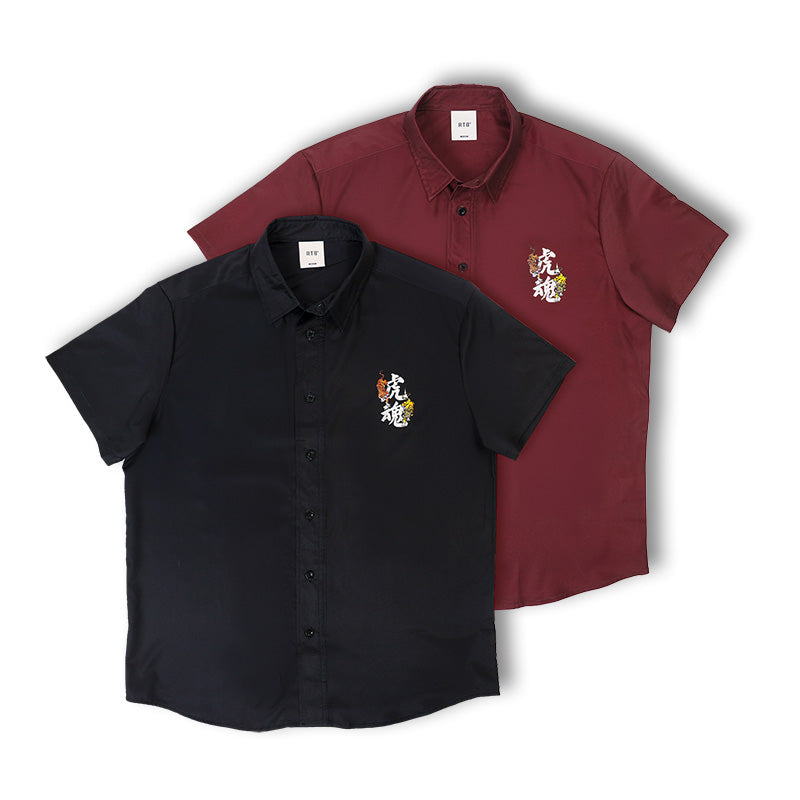 Burgundy and black resort shirts, each with small tiger emblem on chest