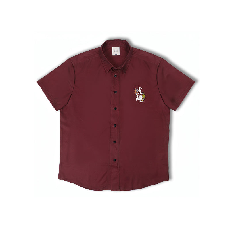 Burgundy resort shirt, short-sleeve button-up with tiger emblem on left chest