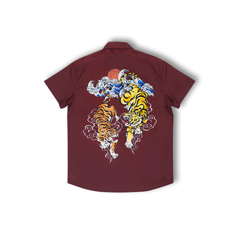 Burgundy resort shirt, back graphic of two tigers with cloud motifs