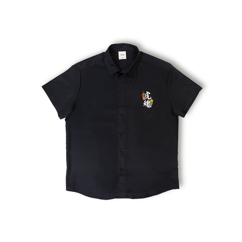 Black resort shirt, front with small tiger emblem on left chest