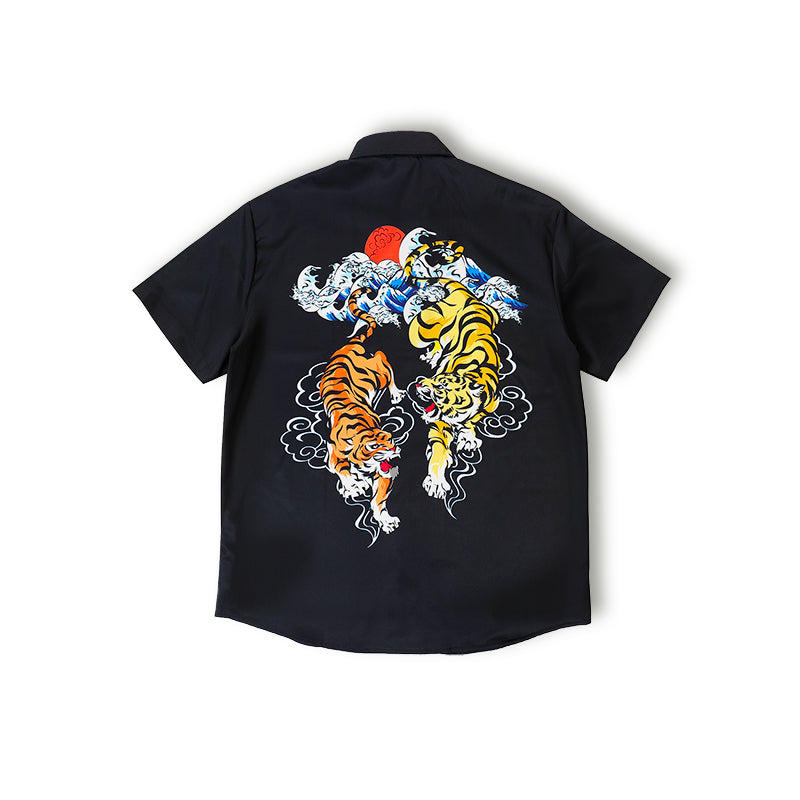 Black resort shirt, back graphic of tigers in orange, yellow, blue cloud motifs