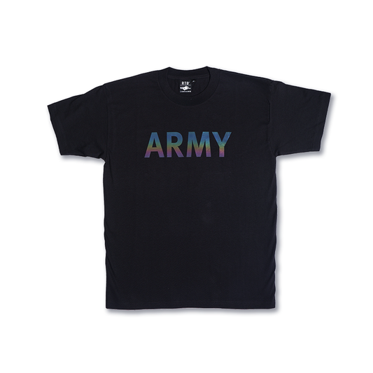 Black crewneck T-shirt with iridescent ARMY text on chest