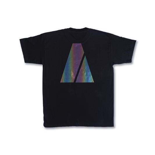 Black crewneck T-shirt with holographic triangular A graphic
