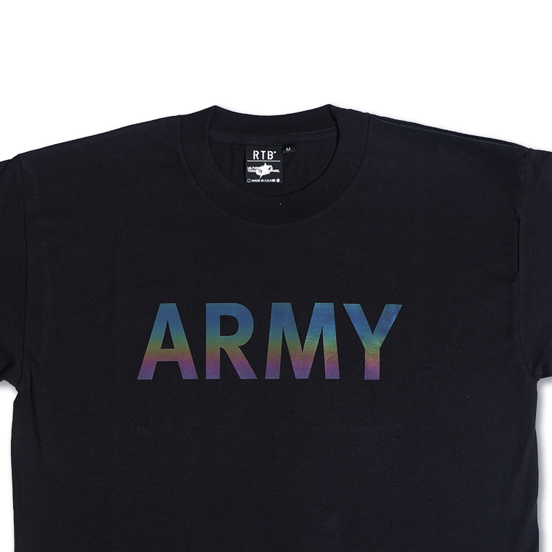 Black crewneck T-shirt with RTB tag and large iridescent ARMY text