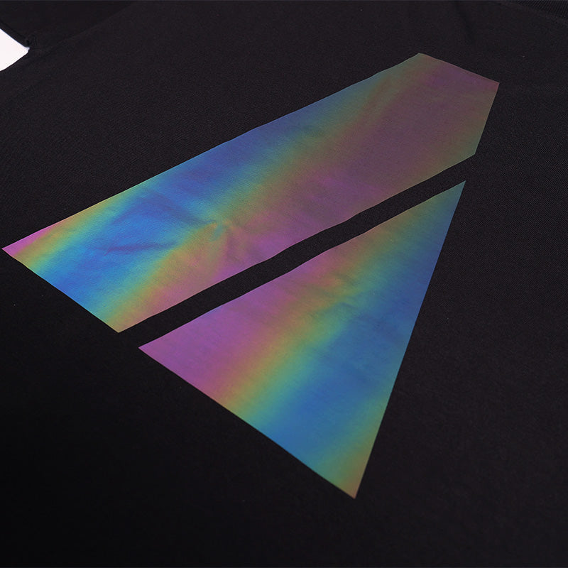 Black T-shirt with iridescent rainbow diagonal bar graphic