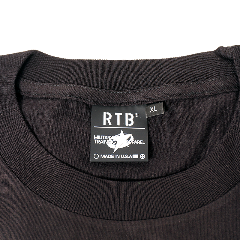 Black crewneck T-shirt with RTB label and size XL tag at neckline