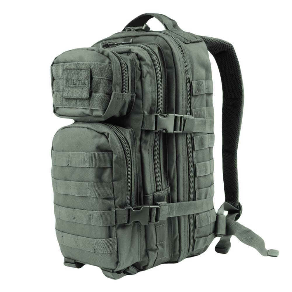 Green tactical assault backpack with MOLLE front panels and zippered compartments