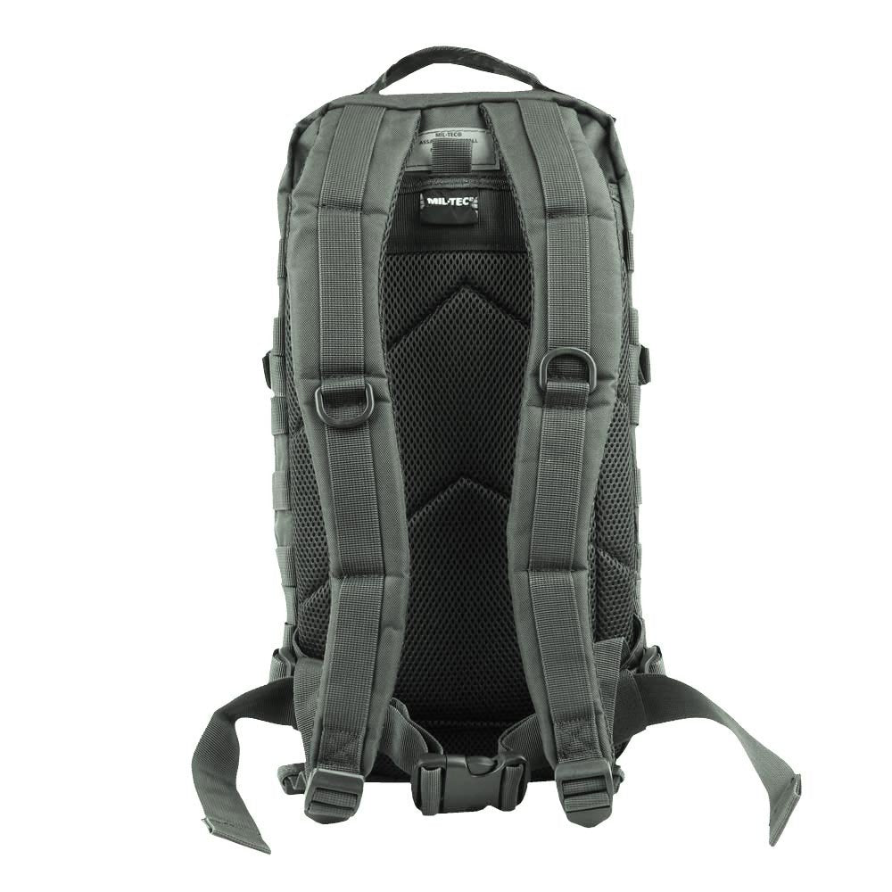 Gray tactical backpack with padded back straps and mesh spine panel