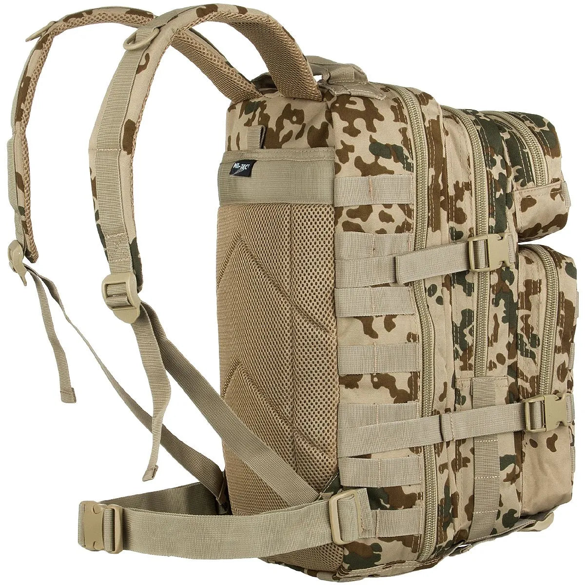 20L assault backpack in woodland camo with MOLLE webbing and shoulder straps